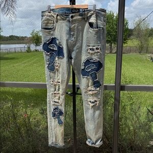AHP Light Blue distressed denim Jeans with Dark Blue mushroom Patchwork 38/32
